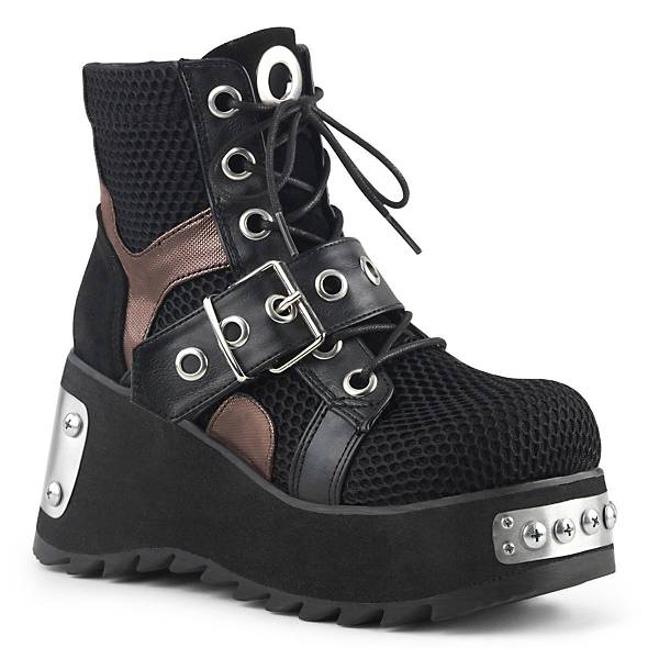 Demonia Women's Scene-53 Platform Ankle Boots - Black Vegan Leather/Fishnet Fabric D2385-74US Clearance